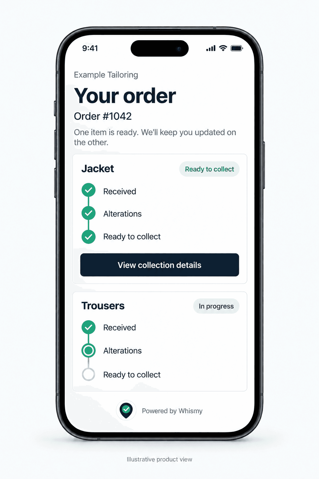 Illustrative customer tracking page showing a jacket ready for collection and trousers still in progress.